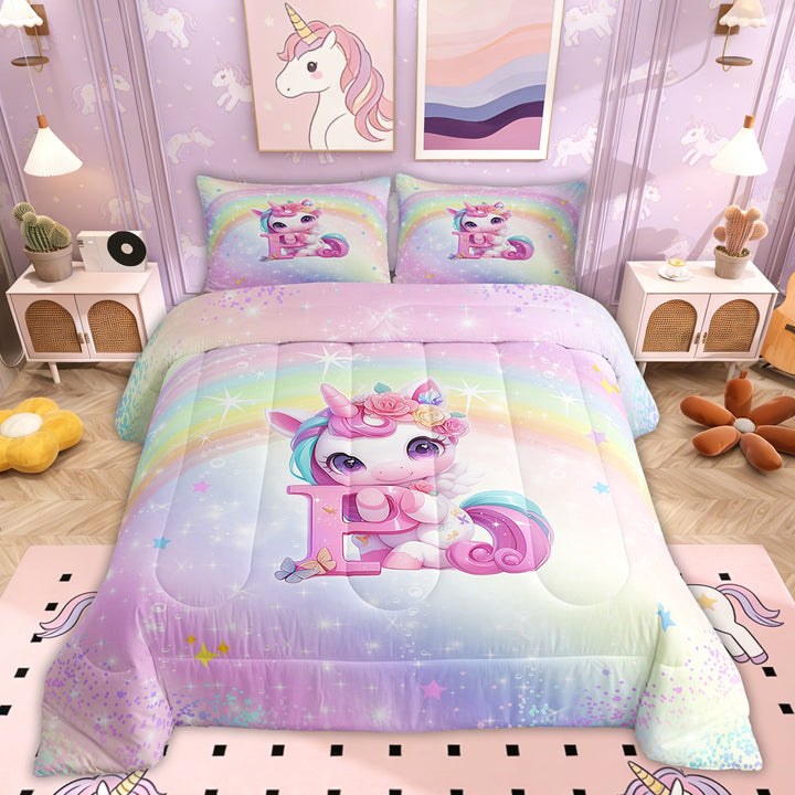 Erosebridal Rainbow Unicorn Comforter Sets Twin Size, Initial P Comforters &amp; Duvets, Romantic Initial A-Z Decor, Reversible