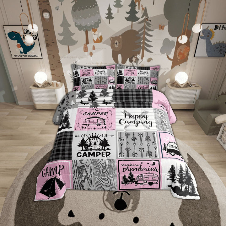 Pink Camper Bedding Set Full Happy Camping Comforter Set Rv Decor For Inside,Camper Accessories For Travel Trailers Comforter,Black Grey Buffalo Plaid Pine Tree Arrow Quilt