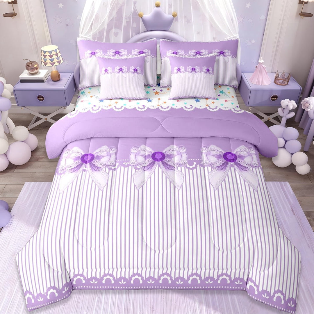 Erosebridal Cartoon Cute Bows 7-Piece Twin Bedding Sets For Girls,Dreamy Princess Bowknot Bedding Comforter Set,Reversible