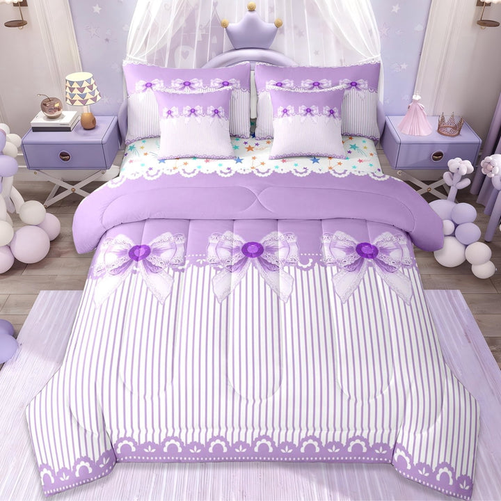 Erosebridal Cartoon Cute Bows 7-Piece Twin Bedding Sets For Girls,Dreamy Princess Bowknot Bedding Comforter Set,Reversible
