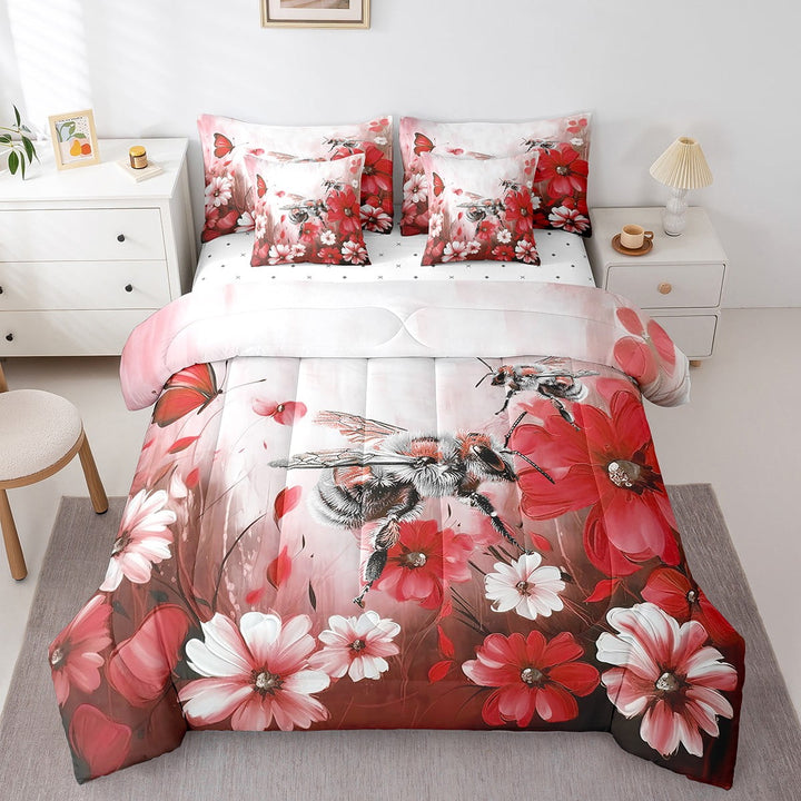 Bee Bed in a Bag Twin 7 Piece Comforter Set Daisy Flowers Bedding Sets,Red Ombre Oil Painting Floral Sheet Set with Comforter Graffiti Art Honeybee Butterfly Bohemian Decor