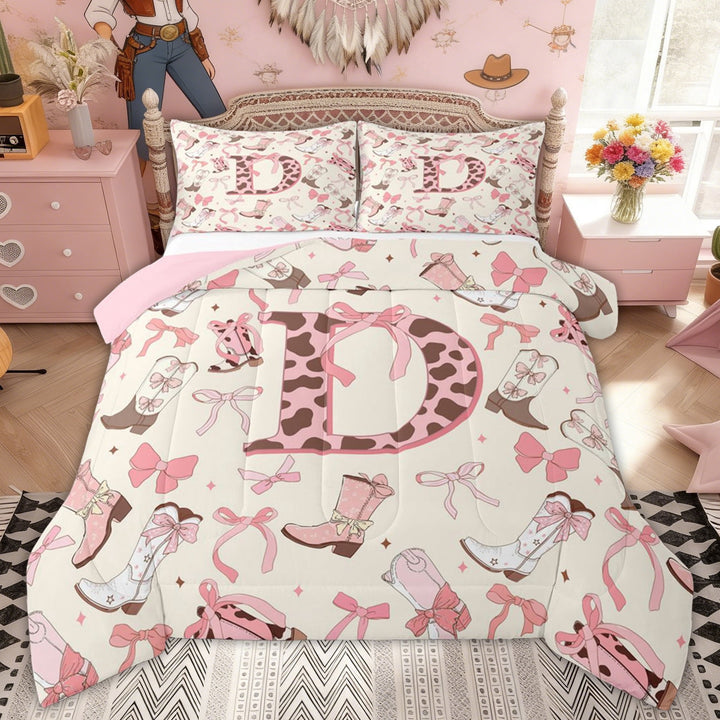 Erosebridal Cowboy Cowgirl Boot Bow-tie Full Size Comforter Sets, Cow Print Monogrammed D Bedding Sets for Girls, Pink Reversible, 3 Pieces