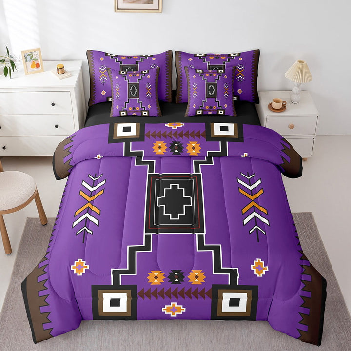 Erosebridal Purple Aztec Bedding Sets Twin Size,Hippie Boho Comforter Sets with Sheets,Black Reversible,7pcs