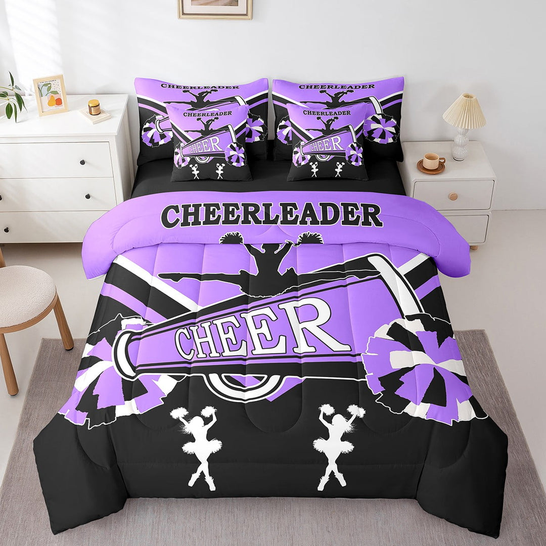 Cheerleading Bed in a Bag 7pcs Cute Cheerleader Bedding Set, Black and Purple Twin Size Comforter Set Dancer Princess Bedding Comforter Sets, Cheerleading Dance Bed Set Room Decorative