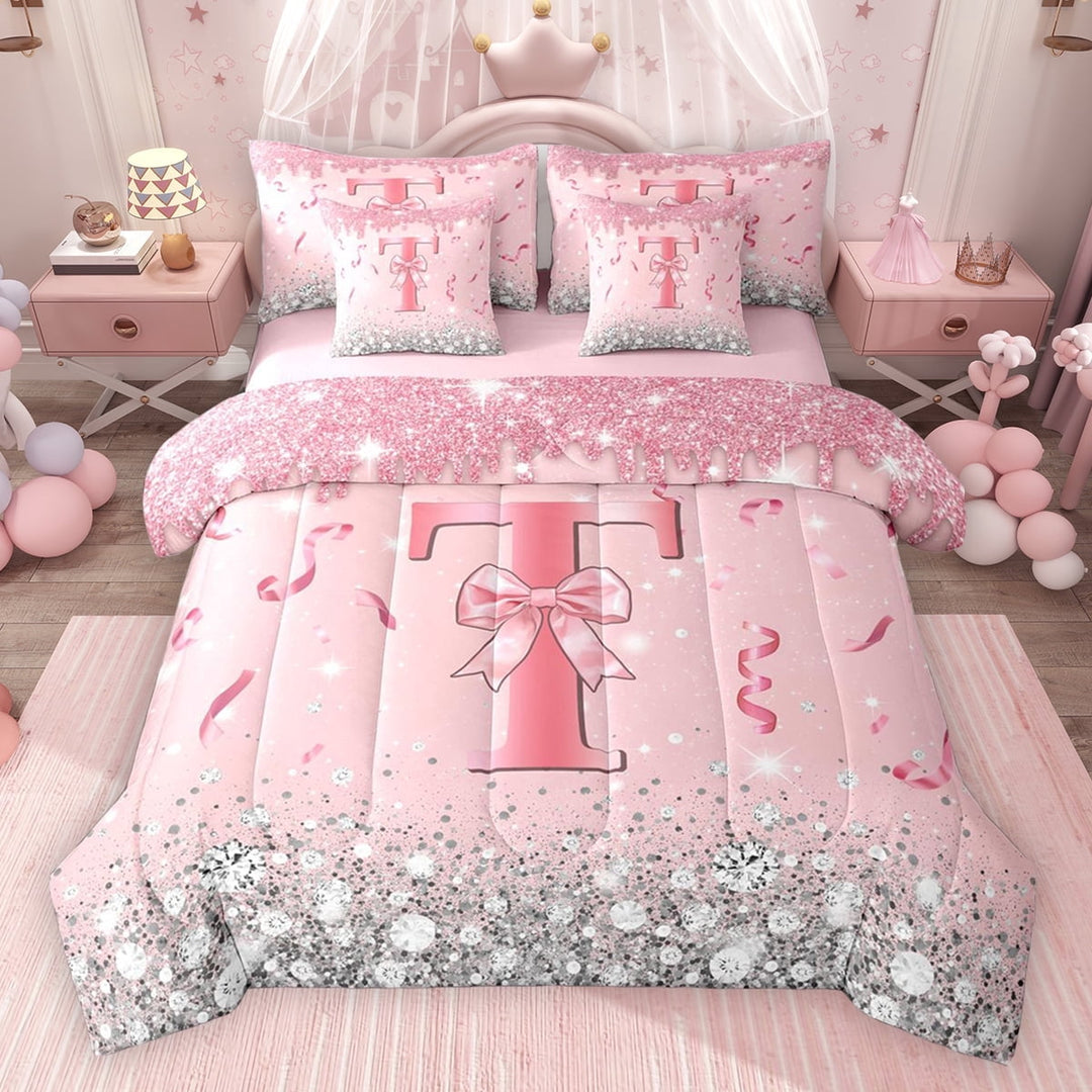 Erosebridal Dreamy Glitters Print Twin Bedding Sets for Girls, Pink Bling T Letter Bedding Comforter Set, Pink Reversible 7pcs