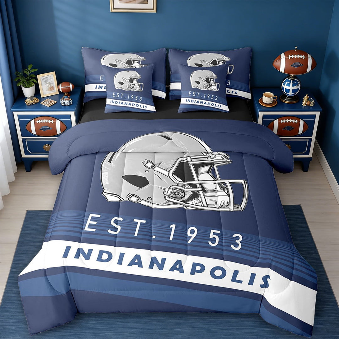 Erosebridal SIndianapolis Bedding Sets Twin Size,Navy Blue Green Stripes Comforter Sets with Sheets,Rugby Helmet Bed in a Bag Twin Size,Stylish Living Room Decoration Reversible,7-Piece