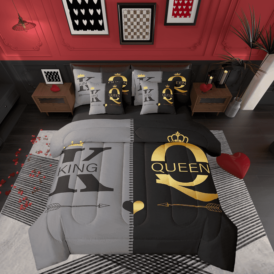 King And Queen Crown King Bedding Set 7 Piece Black Grey Mr Mrs Comforter Set For Adults Men Women,His Hers Couple Bed In A Bag Valentine&