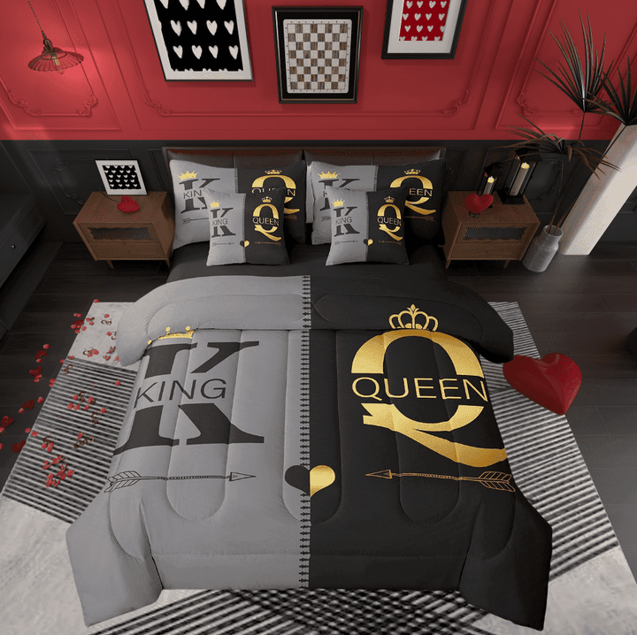 King And Queen Crown King Bedding Set 7 Piece Black Grey Mr Mrs Comforter Set For Adults Men Women,His Hers Couple Bed In A Bag Valentine&