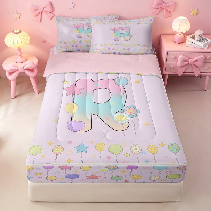 meiyoeat Balloon Pastel Monogrammed R Zipper Twin Comforter Sets With Fitted Sheet And 2 Pillowcases,Cute Rainbow Gradient Letter Zipper Bedding Set For Girl,Pink Reversible,4 Pieces