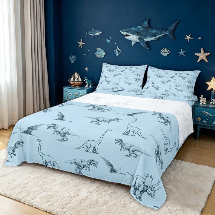 meiyoeat Blue Dinosaur Wildlife Bed Sheets for Boys Girls, Simple Line Animal Full Size Sheets, Blue, 4-Piece, 1 Flat Sheet, 1 Fitted Sheet and 2 Pillowcases