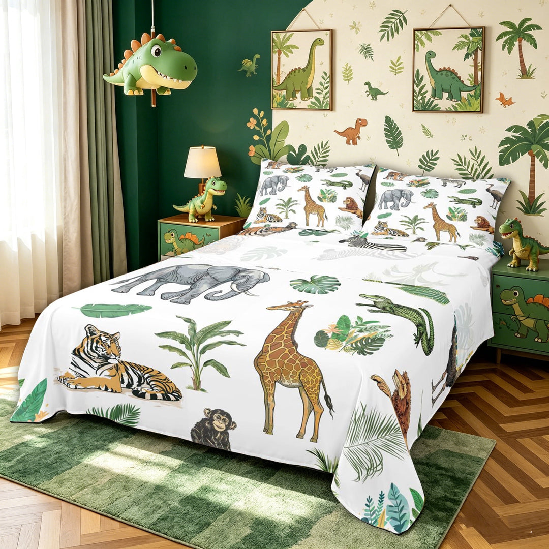 meiyoeat Elephant Lion Animal Bed Sheets for Kids Boys, Jungle Wildlife Print Full Size Sheets, White Green, 4pcs
