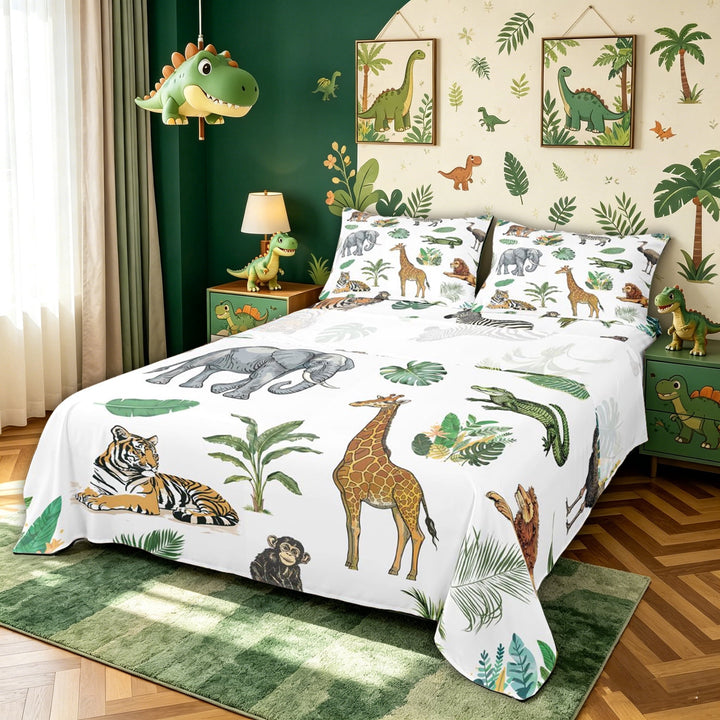meiyoeat Elephant Lion Animal Bed Sheets for Kids Boys, Jungle Wildlife Print Full Size Sheets, White Green, 4pcs
