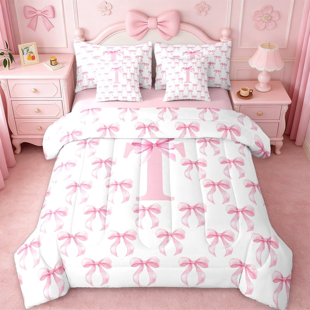 Erosebridal Cute Pink Bow 7-Piece Twin Bedding Sets For Girls,Letter A Initial Theme Kids Bedding Comforter Set,Pink Reversible
