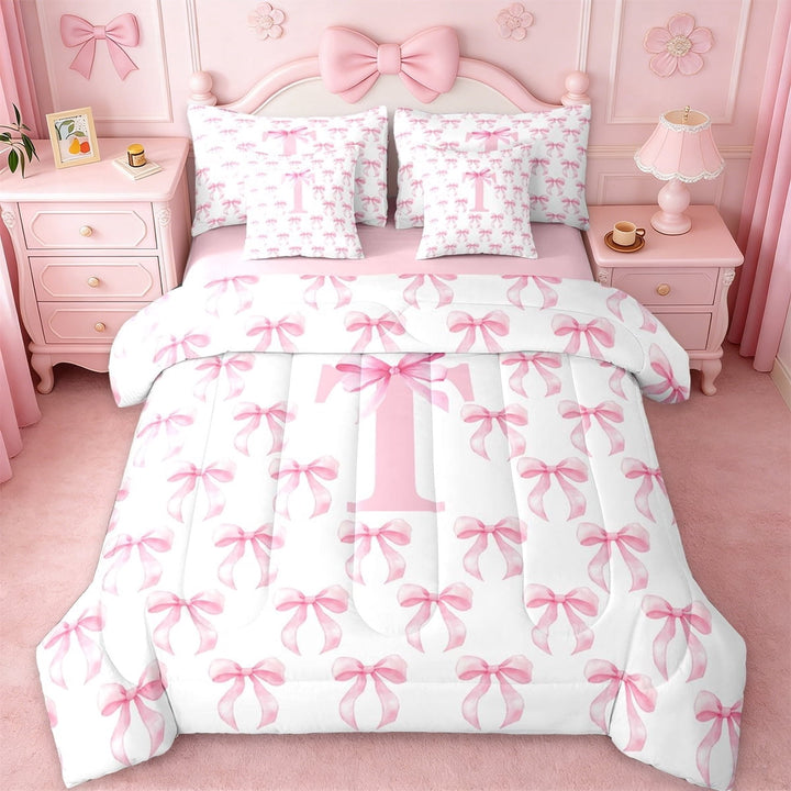 Erosebridal Cute Pink Bow 7-Piece Twin Bedding Sets For Girls,Letter A Initial Theme Kids Bedding Comforter Set,Pink Reversible