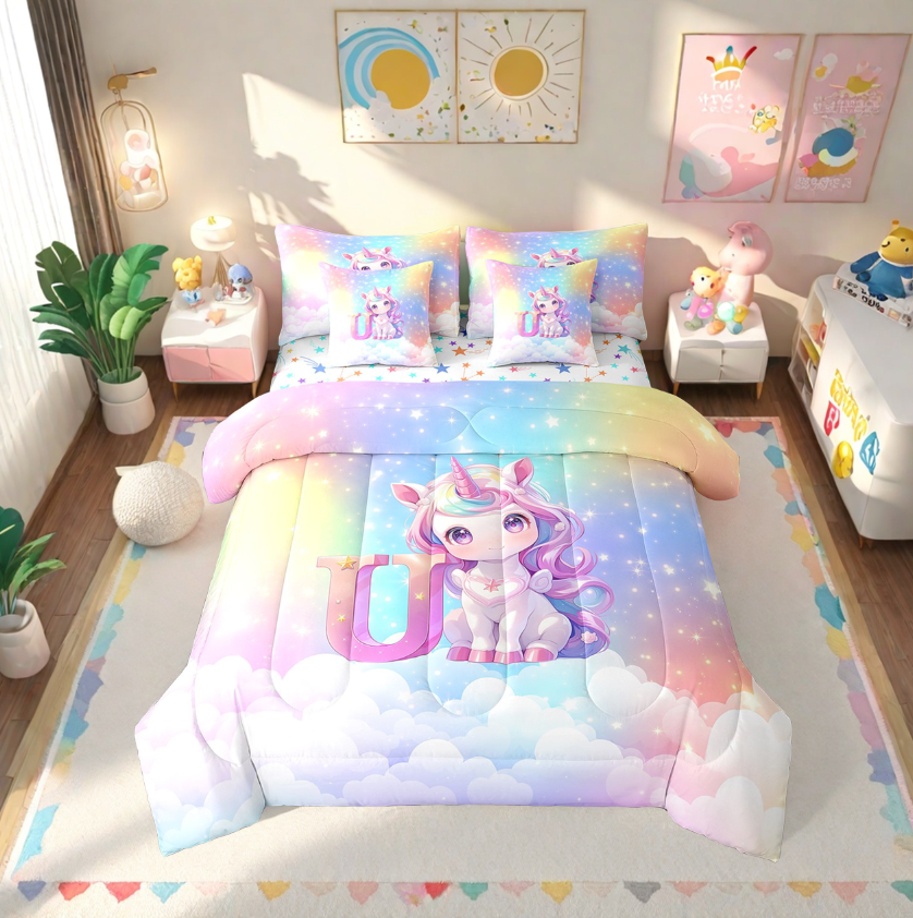 Erosebridal Magical Unicorn Bedding Sets Twin Size, Rainbow Stars Comforter Sets With Sheets, Monogrammed Letter U Bed In A Bag Twin Size,Lightweight Bedroom Decoration,7-Piece Reversible