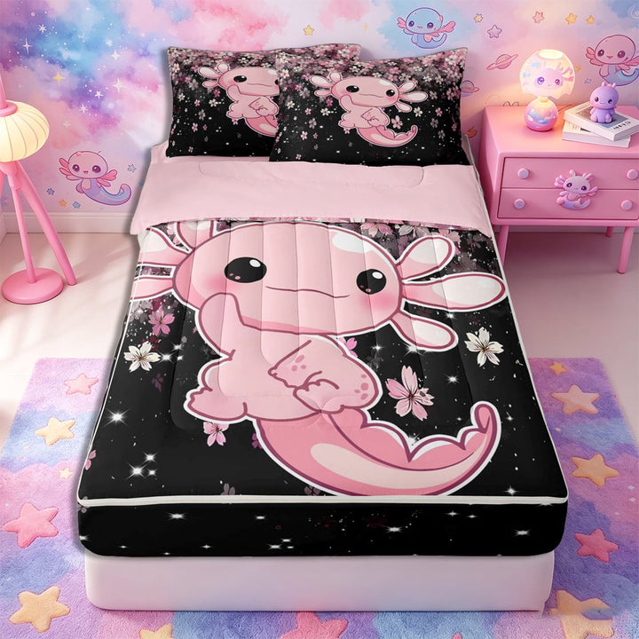 Meiyoeat Cute Axolotl Print Zipper Full Size Comforter Sets with Fitted Sheet and 2 Pillowcases, Sparkle Cherry Blossom Pattern Zipper Bedding Set, Pink Black,4pcs,Pink Reversible