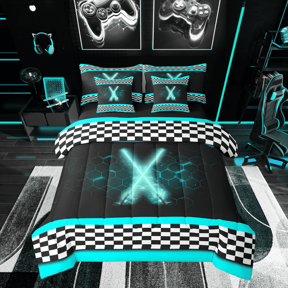 Erosebridal Lightsaber Sports Bed in a Bag Twin size, Cyan Bed Set, Stripe Honeycomb Decor, Reversible 7-Piece