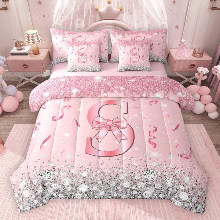 Erosebridal Dreamy Glitters Print Twin Bedding Sets for Girls, Pink Bling S Letter Bedding Comforter Set, Pink Reversible 7-Piece