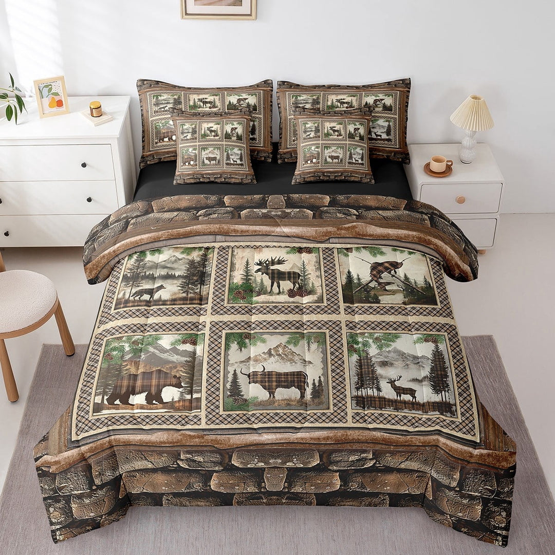 Erosebridal Bear Deer Wolf Bed in a Bag Full size,Geometric Plaid Bed Set,Woodland Animal Bedding Full Size,Ultra Soft Rustic Room Decorative,Reversible,7pcs