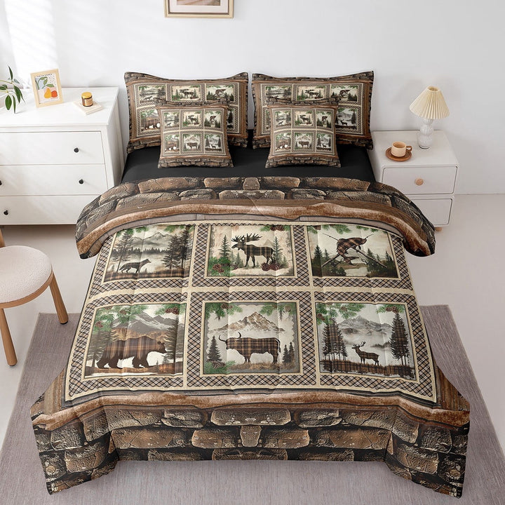 Erosebridal Bear Deer Wolf Bed in a Bag Full size,Geometric Plaid Bed Set,Woodland Animal Bedding Full Size,Ultra Soft Rustic Room Decorative,Reversible,7pcs
