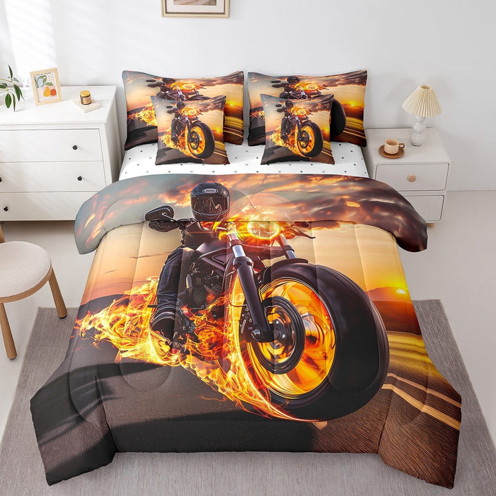 Motorcycle Queen Comforter Set,7 Pieces Flame Motocross Extreme Sport Comforters Queen Bed in a Bag for Bedroom,Dirt Bike Bedding Comforter Sets with Comforter,Sheets,Shams &amp; Pillowcases