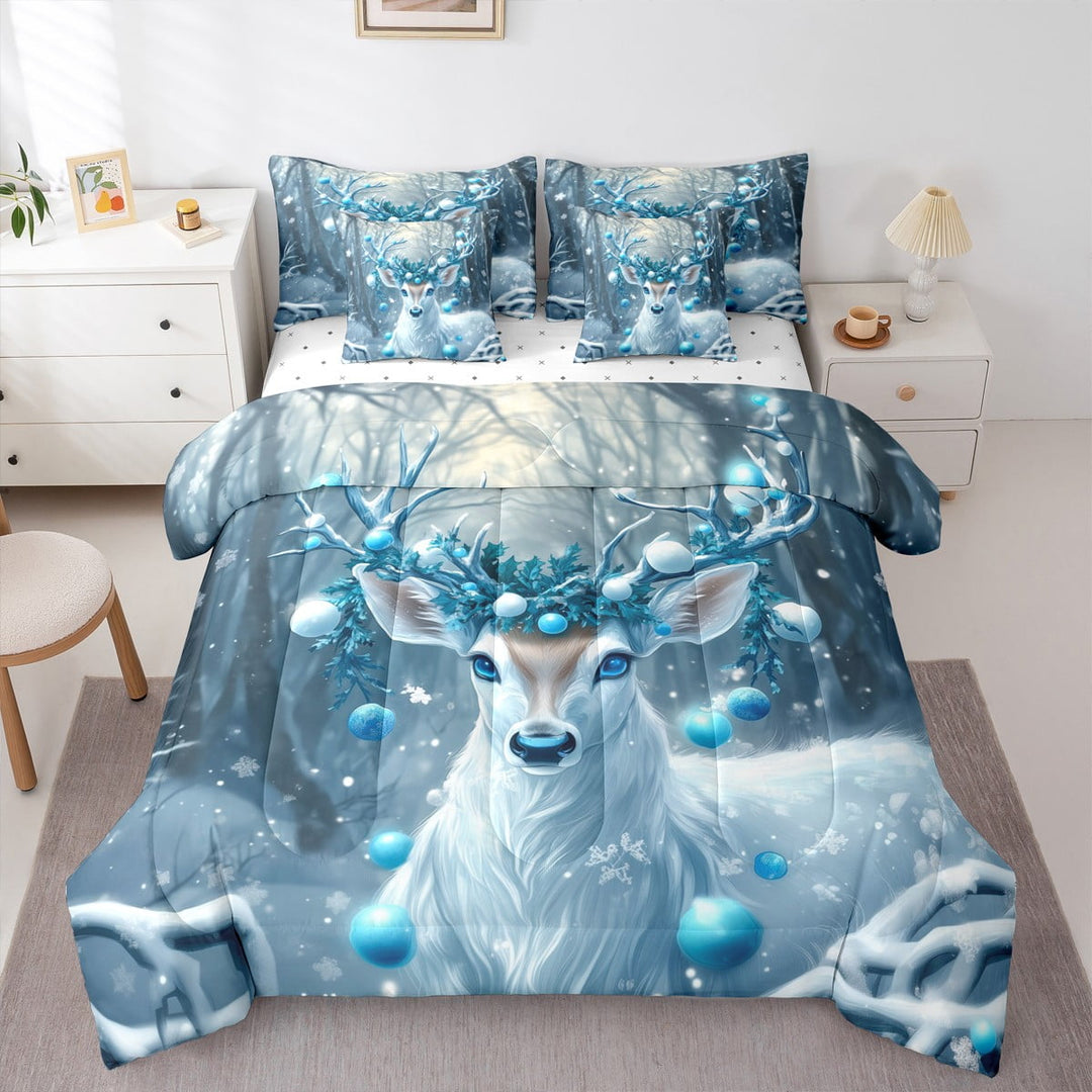 jejeloiu Christmas Reindeer Bedding Comforter Set 7pcs,Dreamy Fairy Tale Queen Bedding Sets,Merry Xmas Queen Sheet Sets,Lightweight Room Decor Reversible