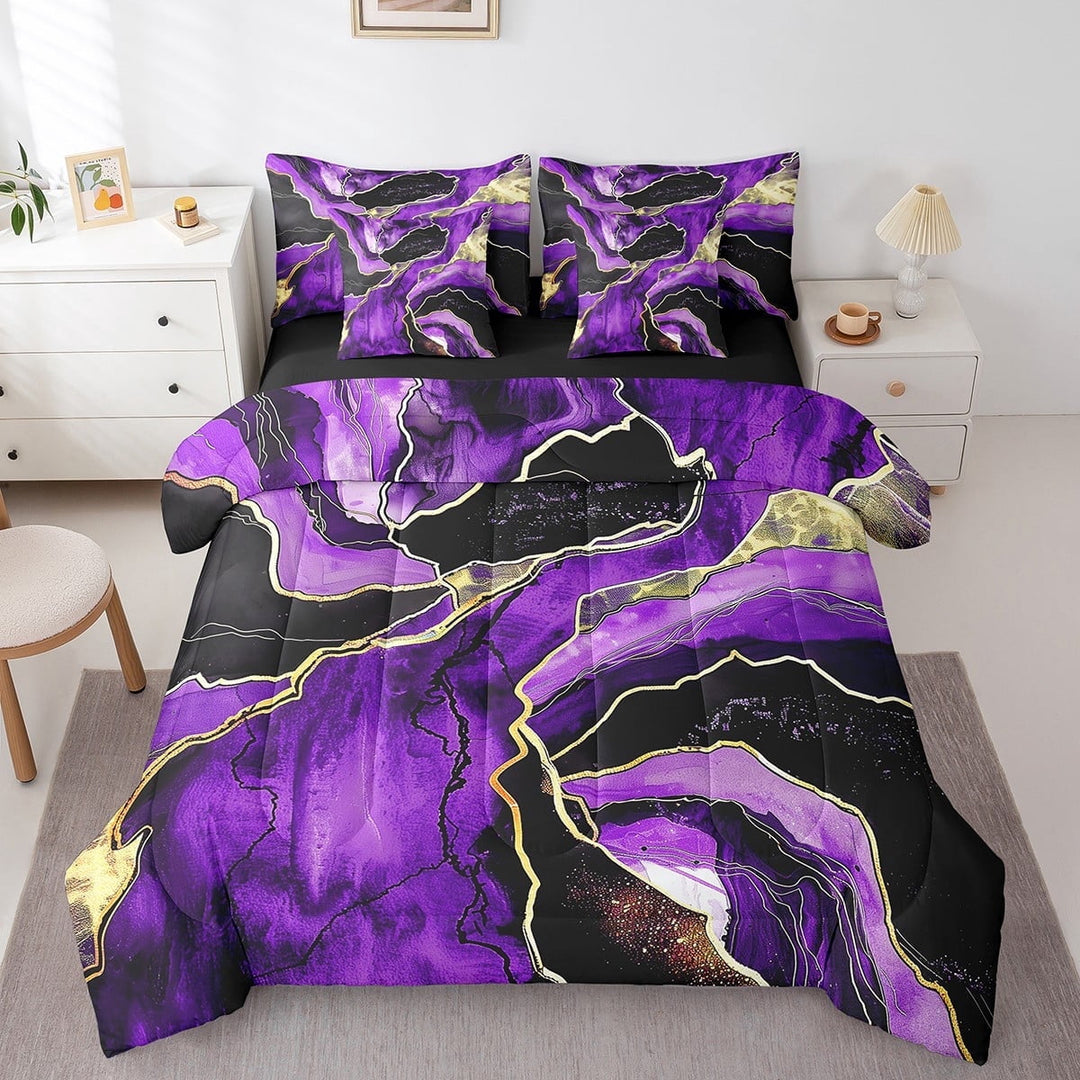 Purple Marble Bedding Comforter Sets 7pcs Abstract Aesthetic Bed in a Bag, Stone Pattern Marbling Full Bedding Sets Watercolor Artwork Comforter Set, Mountain Fluid Bedding Sets &amp; Collections