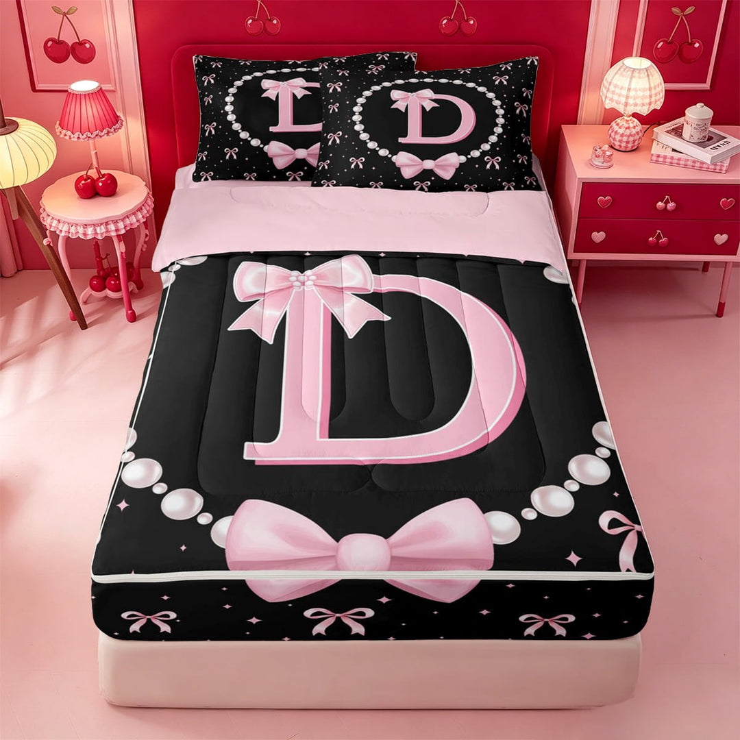 meiyoeat Women Pearl Necklace Zipper Twin Comforter Sets with Fitted Sheet and 2 Pillowcases For Kids,Pink Ribbon Letter Print D Zipper Bedding Set,Pink Reversible,4-Piece