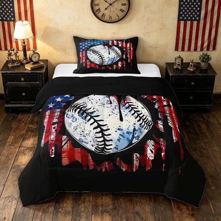 meiyoeat Vintage Grunge Baseball Full Size Comforter Sets for Boys, American Flag Splash Drip Bedding Comforter Set, Black Reversible, 3pcs, 1 Comforter and 2 Pillowcases