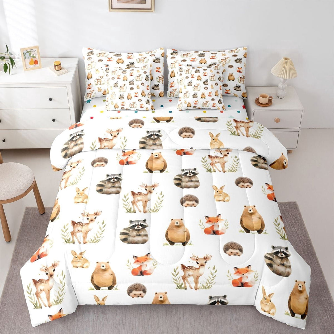 Manfei Kawaii Fox 7 Pieces Full Size Bedding Sets,Woodland Animals Full Size Bed in a Bag,White,Polkadot Reversible