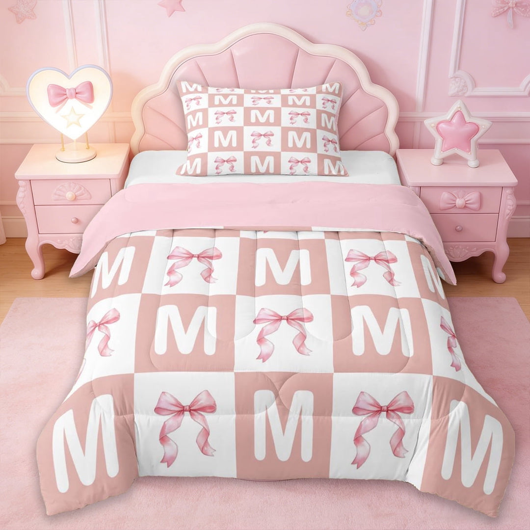 Erosebridal Kids Cute Pink Bowknot Twin Comforter Sets,Initial Alphabet M Bedding Set For Girls,Reversible pink,2pcs