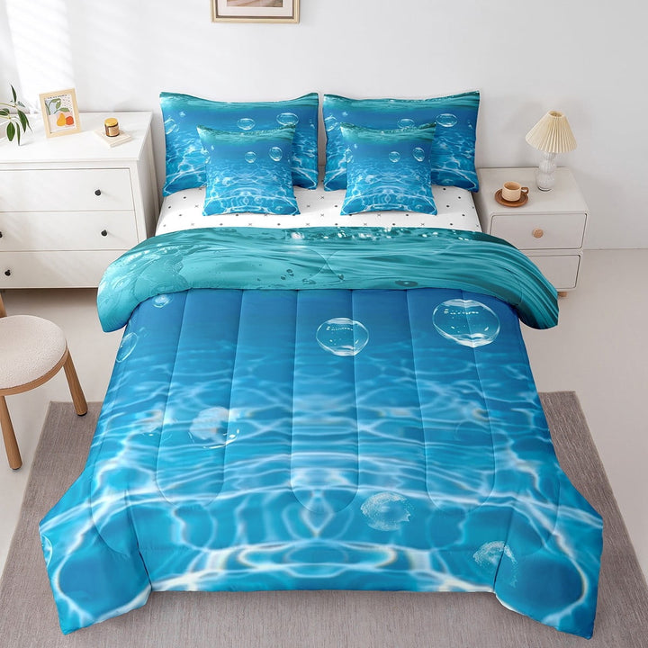 Erosebridal Ocean Water Bedding Queen Size, Summer Swimming Pool Bedding Sets Queen Size, Blue Deocr, 7pcs