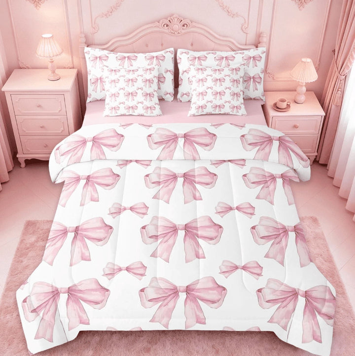 Manfei Pink Bowknot Kids 7 Pieces Bedding Comforter Set,Dreamy Princess Style Girls Full Bedding Set For Women,Girly Bow Tie Bed Set Reversible