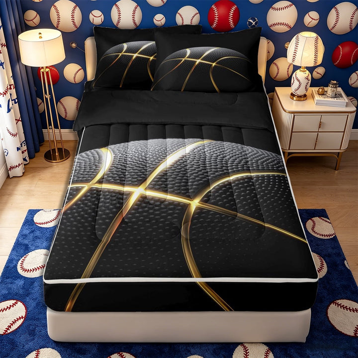 Meiyoeat Black Gold Basketball Print Zipper Full Size Comforter Sets with Fitted Sheet and 2 Pillowcases, Sport Ball Pattern Zipper Bedding Set,4pcs,Black Reversible