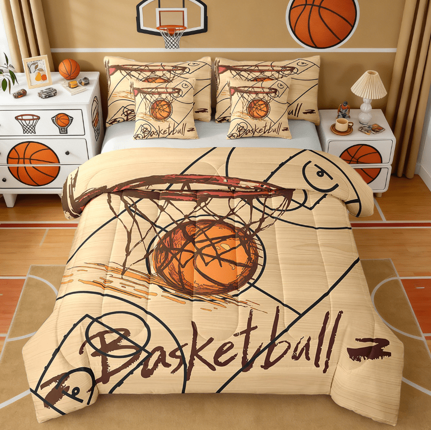 Manfei Graffiti Basketball Bed in a Bag Twin Size,Gaming Sports Bed Set,Brown Orange Bedding Twin Size For Boys,Ultra Soft Room Decoration Reversible,7 Pieces