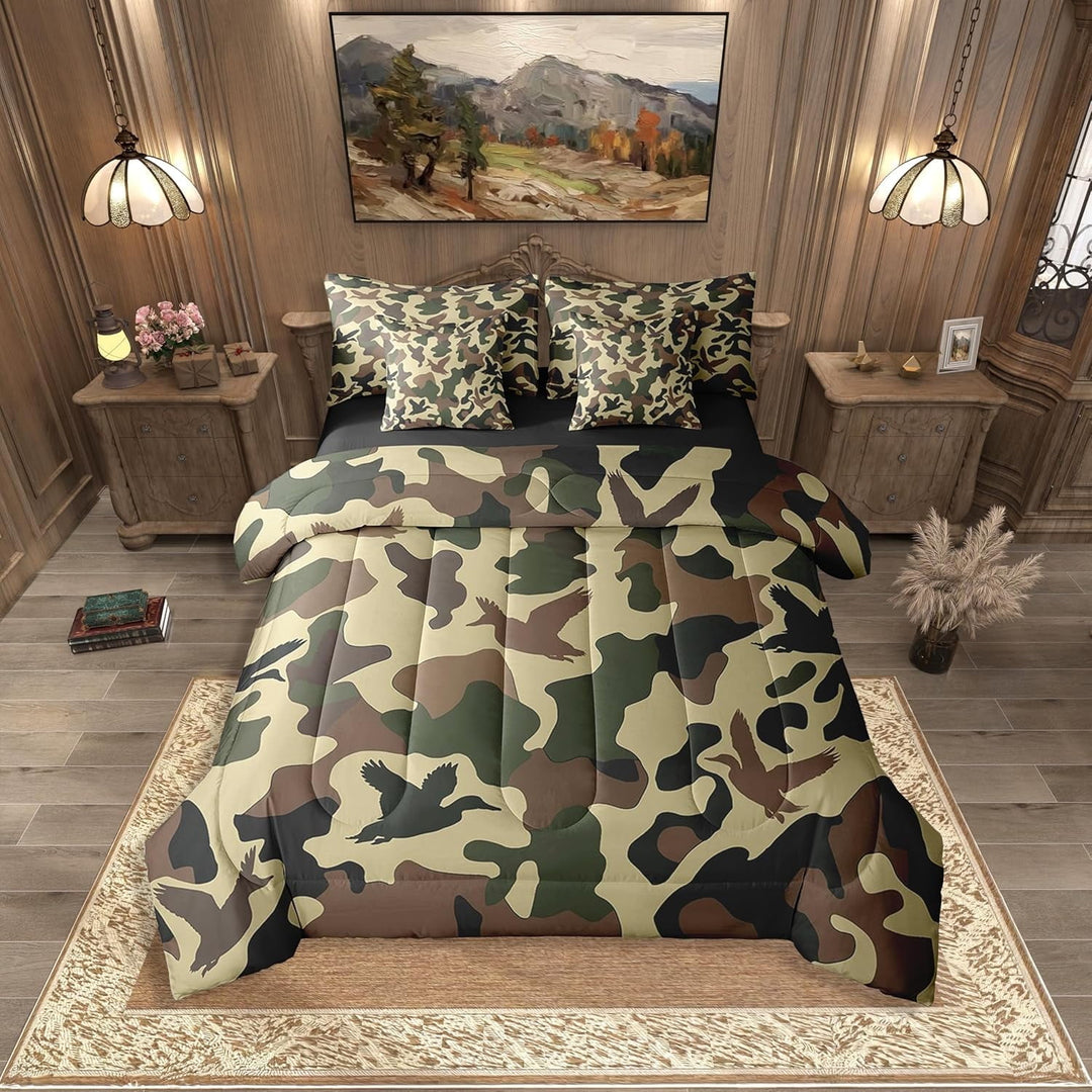 Manfei Animal Mallard Duck Bedding Comforter Set 7 Pieces,Abstract vintage Camouflage Full Bedding Set Lightweight,Brown Green Camo Fitted Sheet Flat Sheet,Microfiber Teens Bedroom Decor