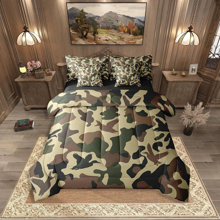 Manfei Animal Mallard Duck Bedding Comforter Set 7 Pieces,Abstract vintage Camouflage Full Bedding Set Lightweight,Brown Green Camo Fitted Sheet Flat Sheet,Microfiber Teens Bedroom Decor