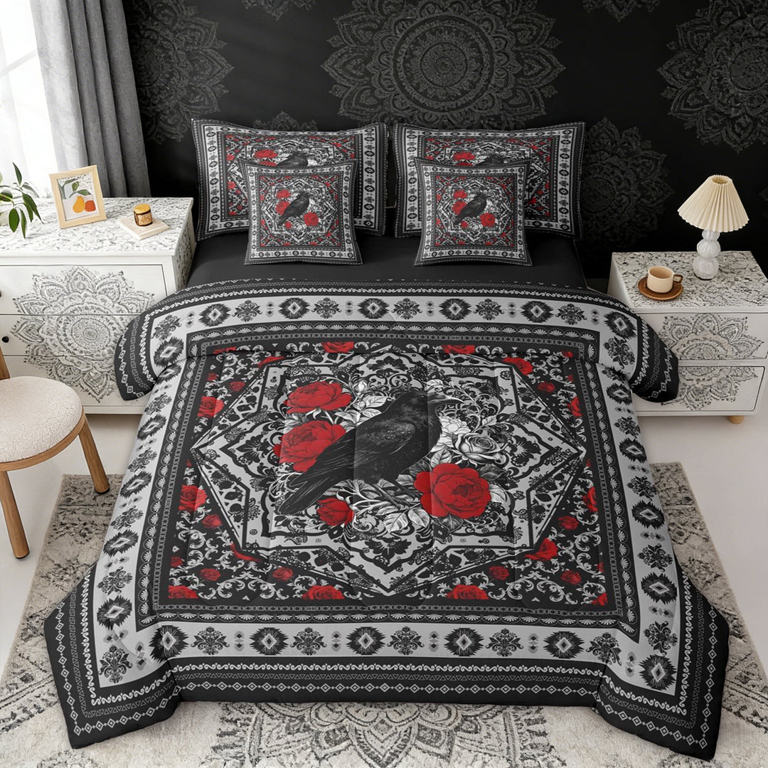 Erosebridal Vintage Crow Bedding Comforter Set, Bohemian Aztec Mandala Queen Bedding Sets, Black Gray Red, Black Reversible 7 Pieces
