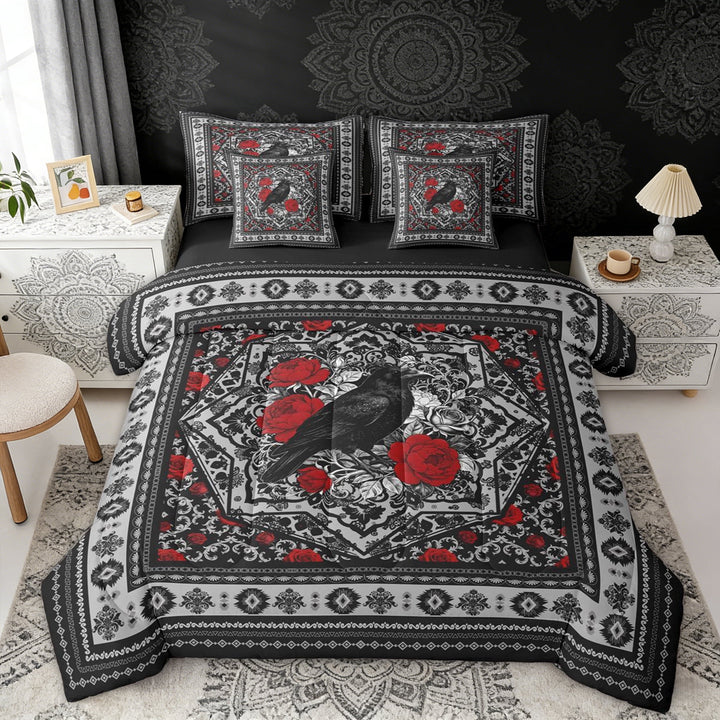 Erosebridal Vintage Crow Bedding Comforter Set, Bohemian Aztec Mandala Queen Bedding Sets, Black Gray Red, Black Reversible 7 Pieces