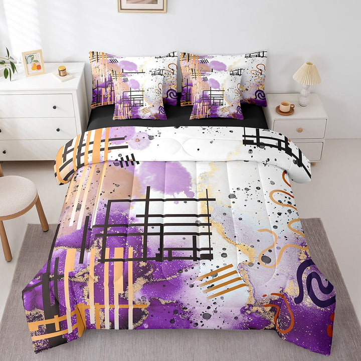 7 Piece Purple Ombre Bed in a Bag Twin Size Geometry Stripes Bedding Sets Purple Golden Marble Print Comforter Set with Sheets Modern Abstract Art Bed Set Graffiti Watercolor Artwork Sheets