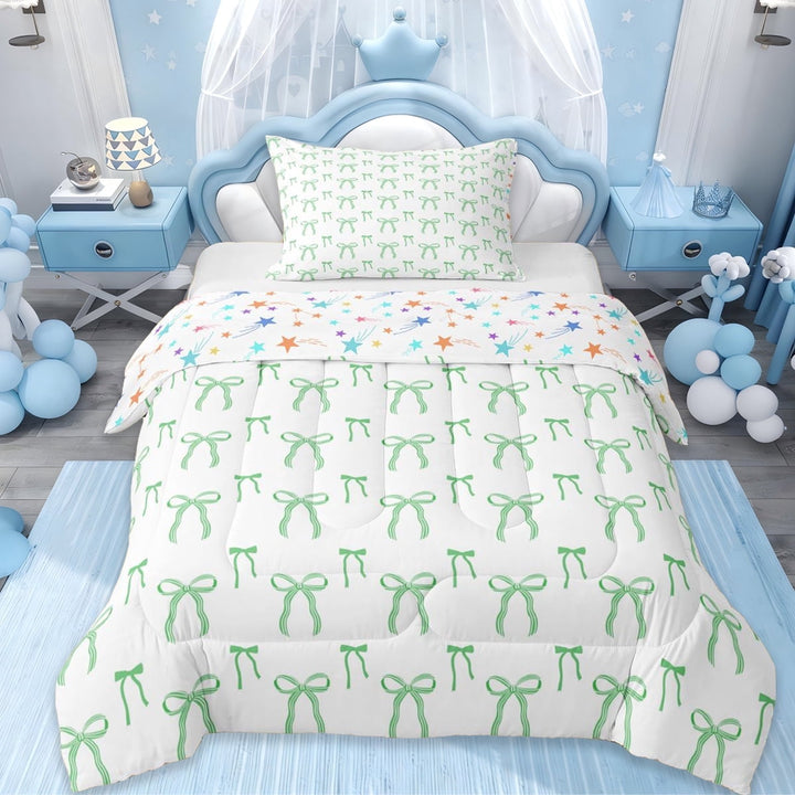 Erosebridal Ribbon Bow Twin Comforter Sets For Girls Teens,Cartoon Girly Bowknot Bedding Set,Green White, Reversible 2pcs
