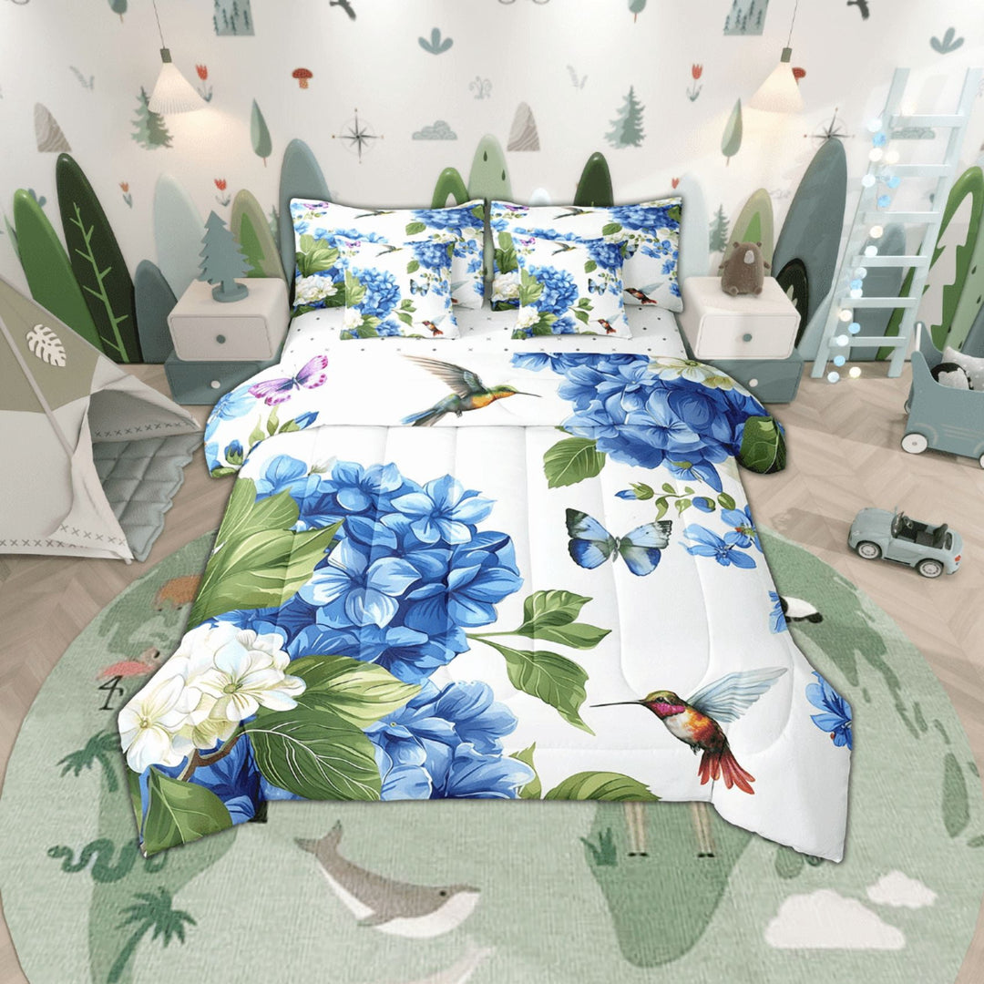 Flower Bedding Comforter Sets 7Pcs Hummingbird Butterfly Bed In A Bag,Navy Blue Floral Queen Bedding Sets Spring Botanical And Animal Themed Sheet Set With Comforter Bedroom Decor