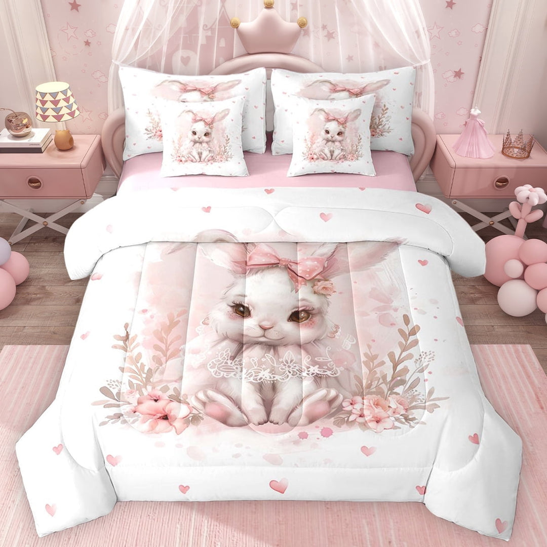 Erosebridal Dreamy Rabbit Twin Bedding Sets for Girls, Pink Bow Flower Bedding Comforter Set, Pink Reversible, 7-Piece