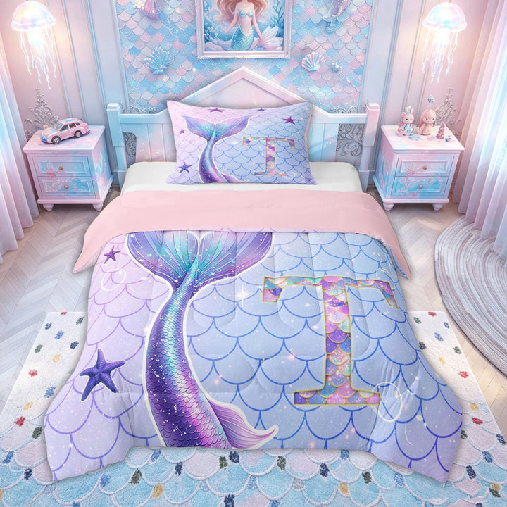 meiyoeat Mermaid Princess Scale Full Size Comforter Sets for Girls, Sparkle Initial T Bedding Comforter Set for Kids, Purple Blue, Pink Reversible 3 Pieces, 1 Comforter and 2 Pillowcases
