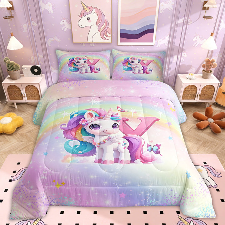 Erosebridal Initial Y Letter Comforter Sets Twin Size, Cute Unicorn Comforters &amp; Duvets, Dreamy Rainbow Decor, Reversible 2 Pieces
