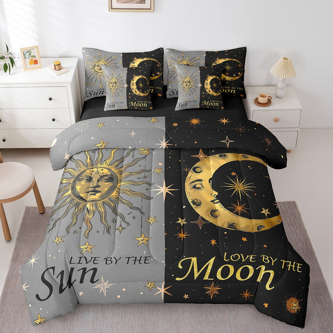 Sun snd Moon Bedding 7 Pcs King Size Boho Exotic Style Bed in a Bag Adult Bohemian Bedding Set with Comforter Universe Star Pattern Bed Set Galaxy Starry Sky Decor Sheet Set