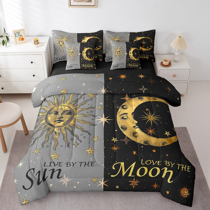 Sun snd Moon Bedding 7 Pcs King Size Boho Exotic Style Bed in a Bag Adult Bohemian Bedding Set with Comforter Universe Star Pattern Bed Set Galaxy Starry Sky Decor Sheet Set