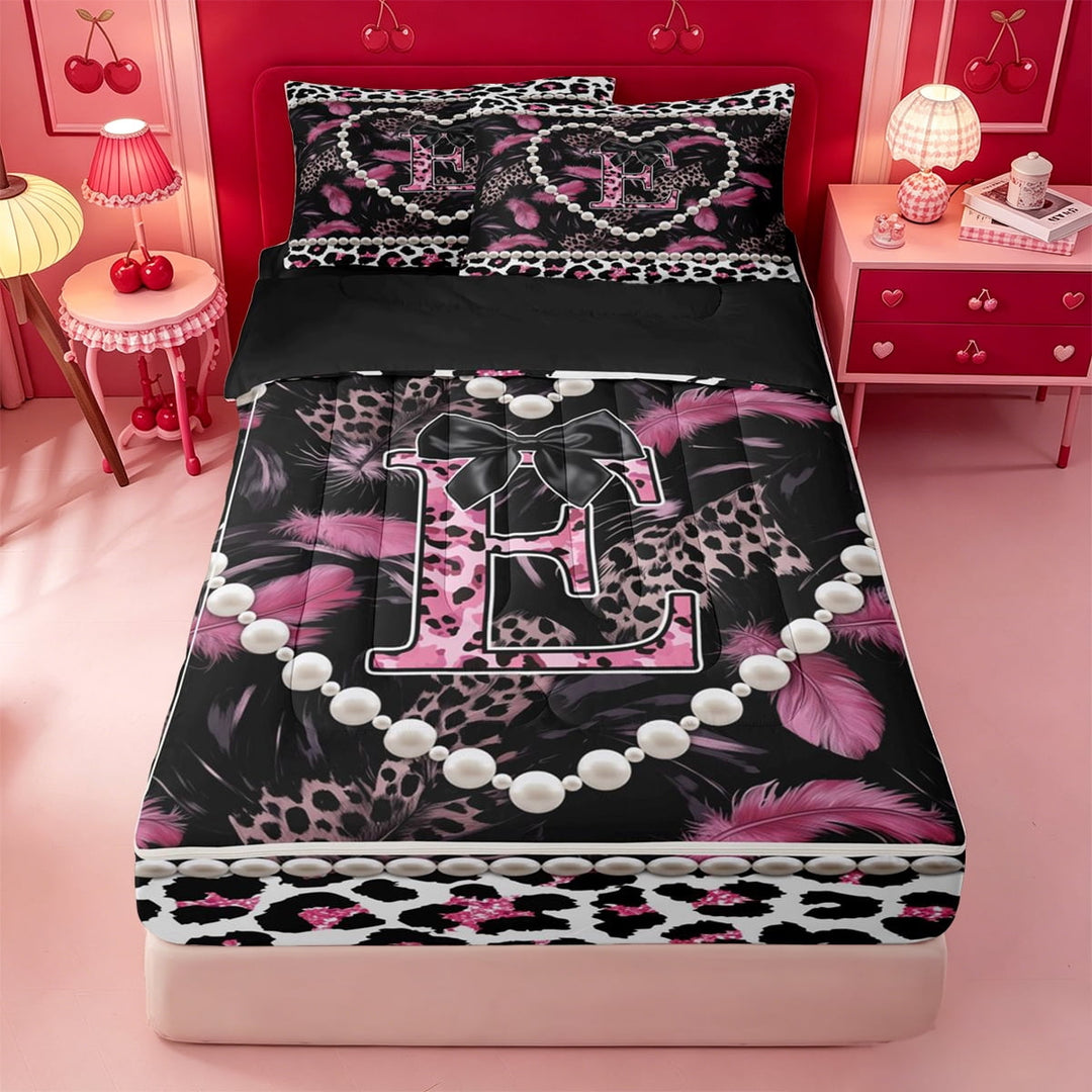 meiyoeat Bow Monogrammed Print E Zipper Full Size Comforter Sets with Fitted Sheet and 2 Pillowcases For Girls,Pink Cheetah Pattern Initial Theme Zipper Bedding Set For Kids,black Reversible,4-Piece