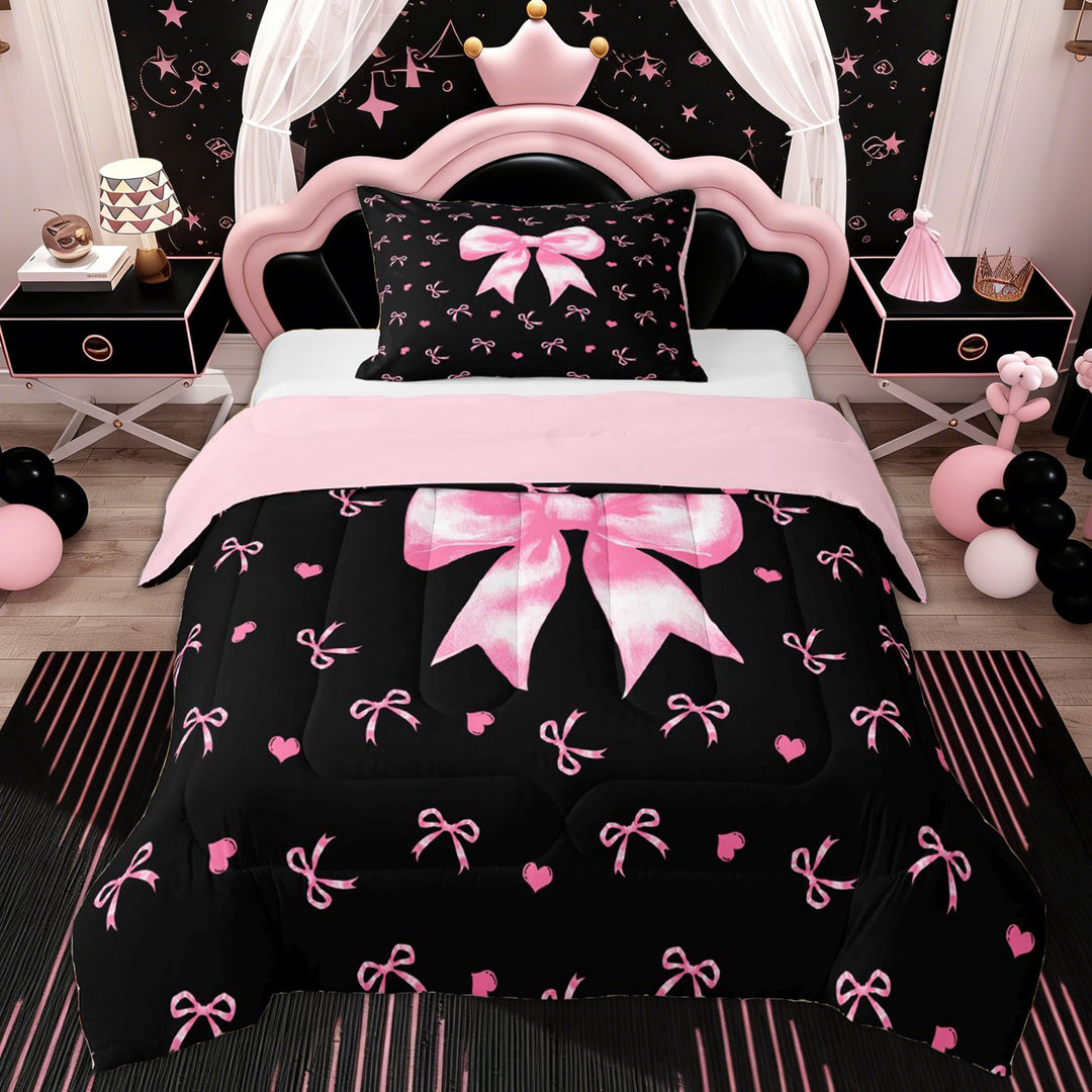 Erosebridal Girly Bow Twin Comforter Sets, Cute Princess Cartoon Bedding Set, Black Pink, 2 Pieces