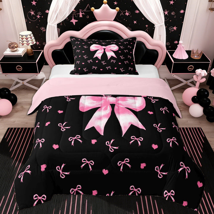 Erosebridal Girly Bow Twin Comforter Sets, Cute Princess Cartoon Bedding Set, Black Pink, 2 Pieces